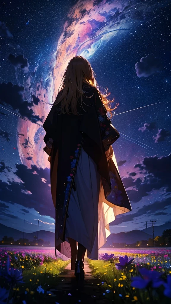 1people々々々々々々々々々,Blonde long-haired woman,Long coat, Dress Silhouette, Rear View,Space Sky, Flower Field,Colorful flowers
