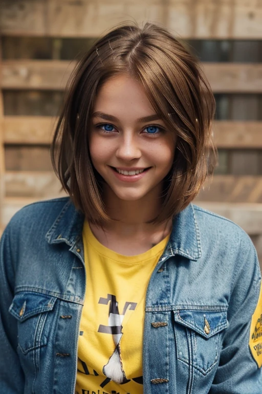 1girl ((blue eyes)), ((brown hair)), ((chin length hair)), ((Short hair)), ((flip ends)), ((denim jacket)), ((blank Yellow t-shirt)), ((smiling)), ((Hair flip-ends)), ((21 years old)), ((facing forward)), ((Hair lob))