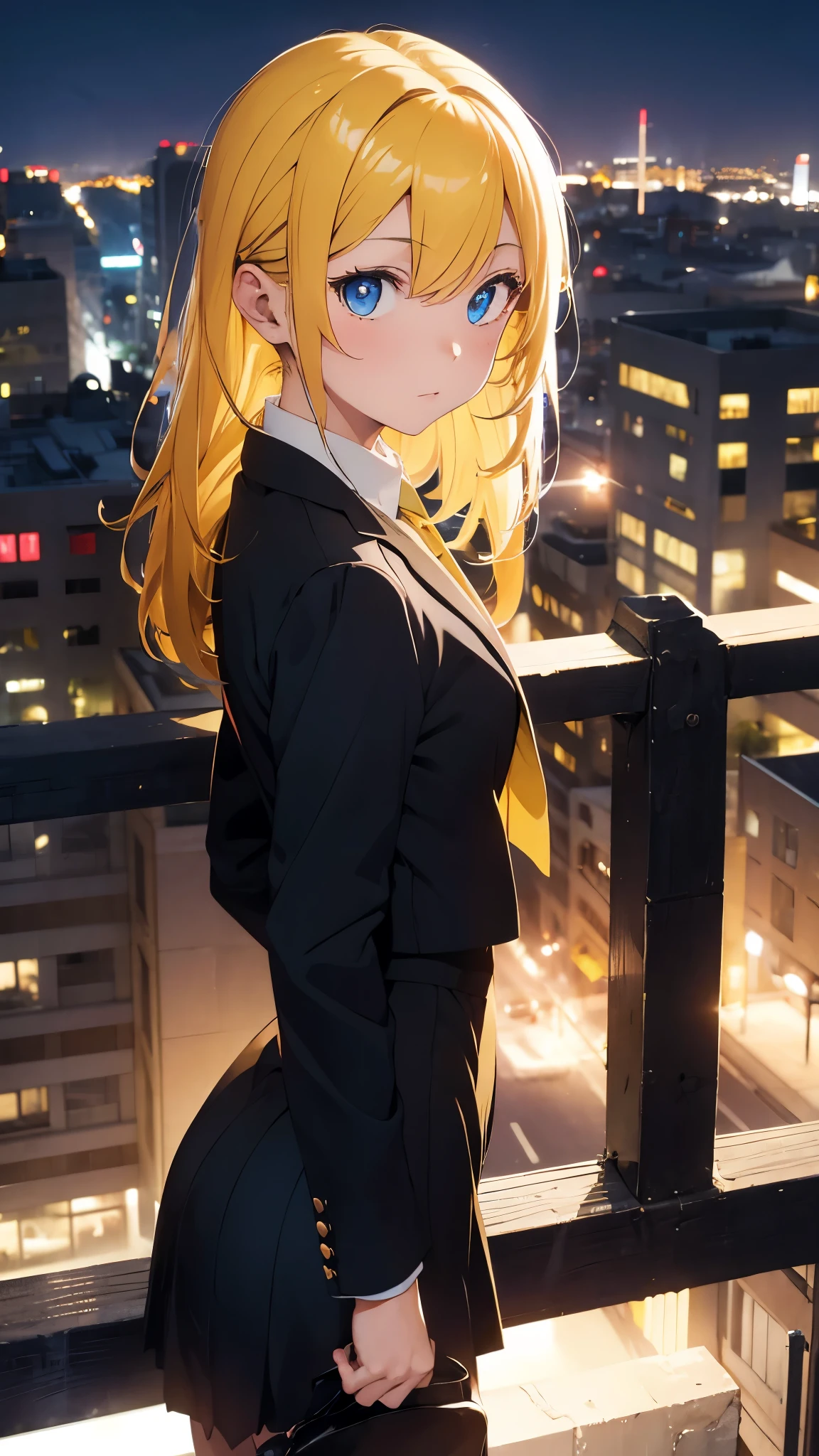 A half-body portrait of a age girl with bright yellow hair, blue eyes, wearing a plain black suit. Turn around and look back at the half-body image. look back. city view at night