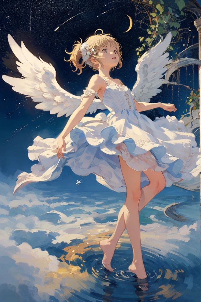 detailed full body portrait，(The girl looks up at the stars), Angelic, Angelic, (the angel's wings), white dresses，Mandy Jürgens (Mandy Jurgens) Realistic paintings created, Perverted, arte figurativa, Detailed depiction of the, realistically, An artwork of, contours， seen from the side， simple backgound，(lamplight:1.0)，tmasterpiece，Best quality，