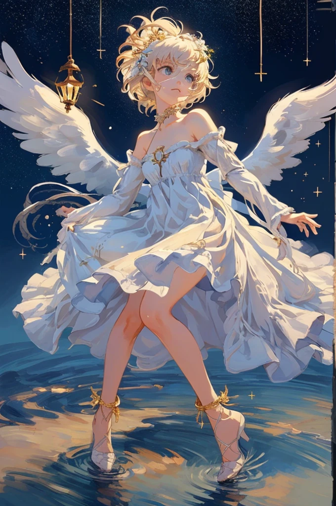 detailed full body portrait，(The girl looks up at the stars), Angelic, Angelic, (the angel's wings), white dresses，Mandy Jürgens (Mandy Jurgens) Realistic paintings created, Perverted, arte figurativa, Detailed depiction of the, realistically, An artwork of, contours， seen from the side， simple backgound，(lamplight:1.0)，tmasterpiece，Best quality，