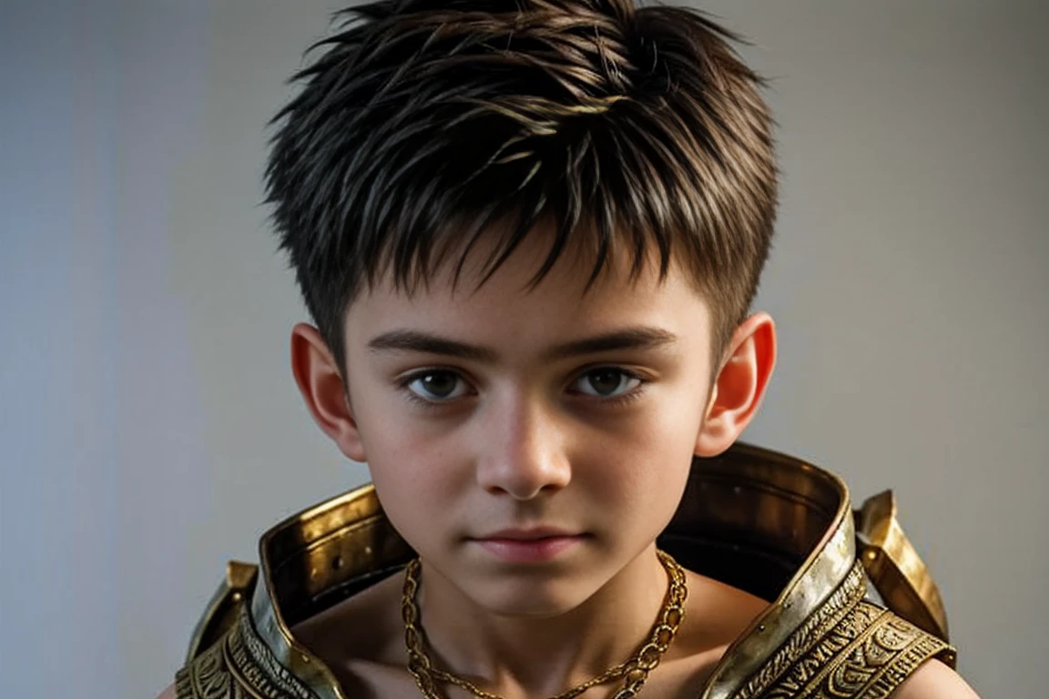 AS TOM HOLLAND, (((LITTLE KID))), (fantasy art), 1 boy, about ,((( like Atreyu of Neverending story))), beautiful, perfect face, sweet face, with a fantastic big white dragon, dark eyes, fantastic clothes with bare arms and legs , medium mane dark hair, fantastic hairstyle, necklaces and bracelets,, fantasy, (masterpiece, photorealistic, absurd), dappled sunlight, studio lighting, ((on neutral dark gray background)),
