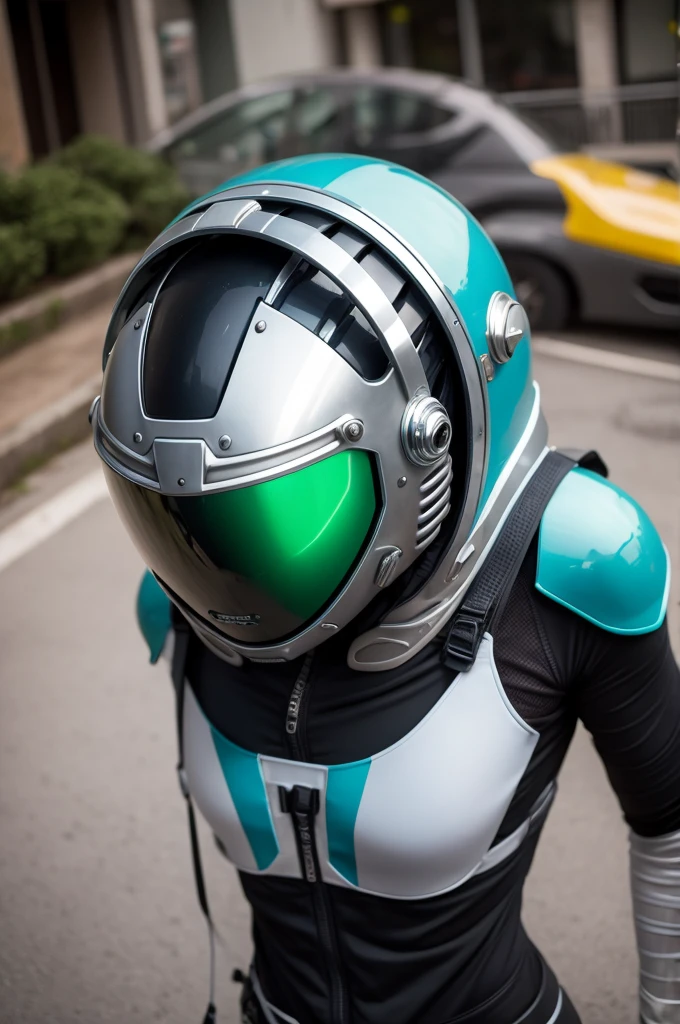, alien helmet with tubes, sentada na cadeira, capacete brilhante