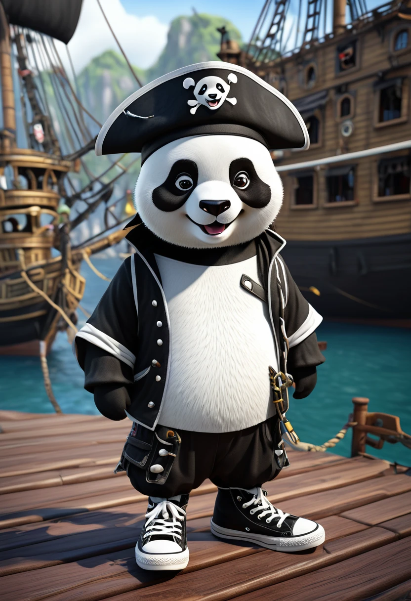   one eye covered with black eye patch , anthropomorphic cute panda, charming smiling  , wearing Chuck Taylor sneakers,  , pirate hat, 3d cartoon character, pirate ship background, fantasy concept art,   unreal engine, depth of field, ultra high quality model, intricate artwork masterpiece,  trending on cgsociety, intricate, epic, trending on artstation, 32k, hdr