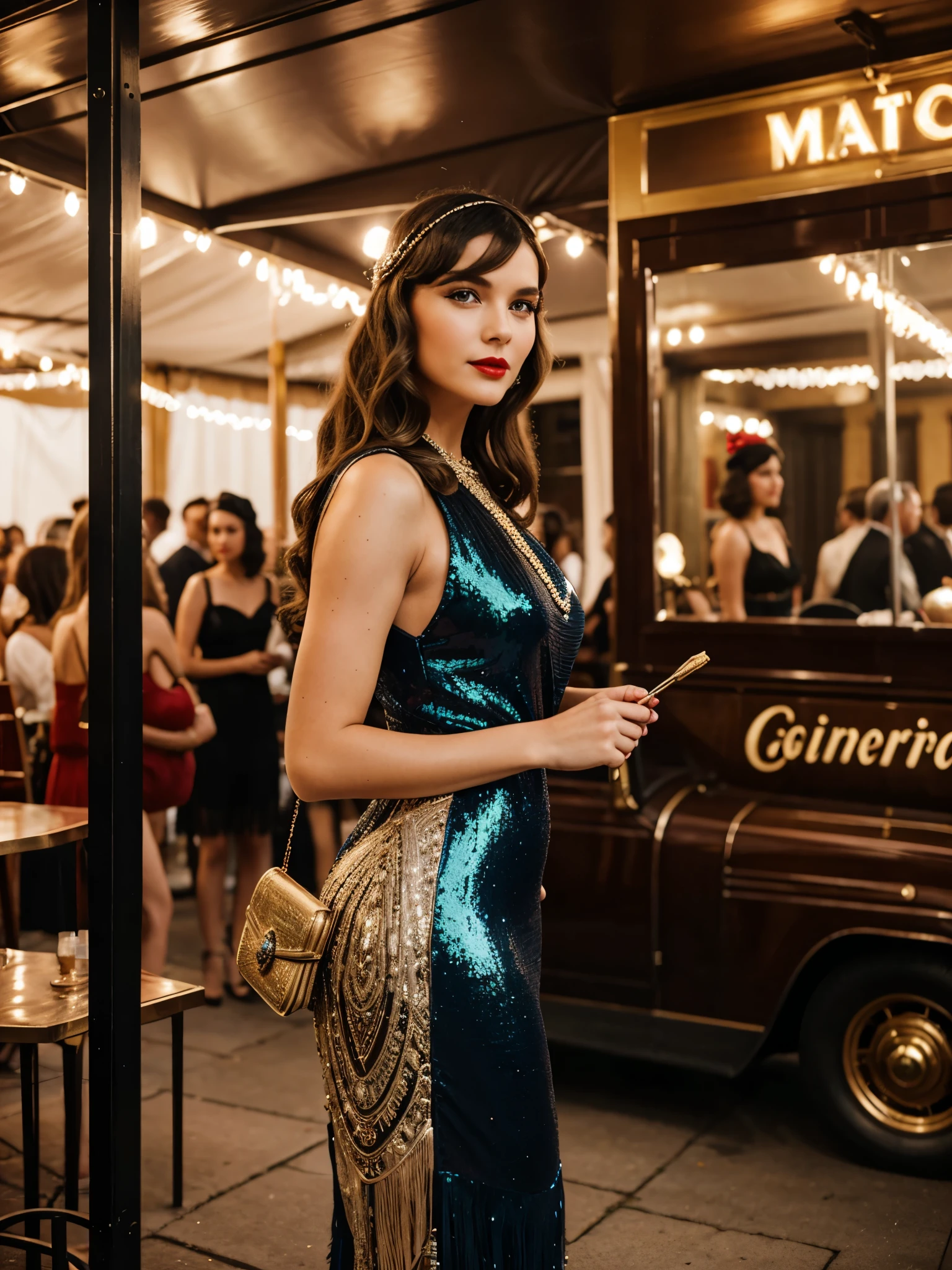 A 25-year-old woman, wear a 1920 tassel sequione emerald flapper dress, adorned with sequins and fringe, event on Governors Island, where attendees dress in period attire and enjoy live jazz music, dancing, vintage cars, and prohibition-era cocktails. It’s a nostalgic celebration of the Jazz Age, attracting fans of history and vintage culture, the event is outside, Her hair Marcel Waves: Long hair styled into deep, glossy waves using a heated curling iron. This elegant style was popularized by celebrities and remained in vogue for formal occasions, complete with a feathered headband. She holds a vintage clutch in one hand, her bold red lips reflecting the ambient glow of the art deco surroundings