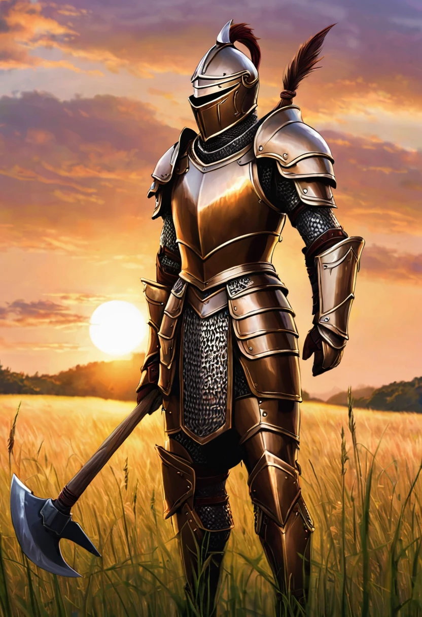 minotour wearing bronze armour, holding axe. standing in field full of long grass, at sunset.