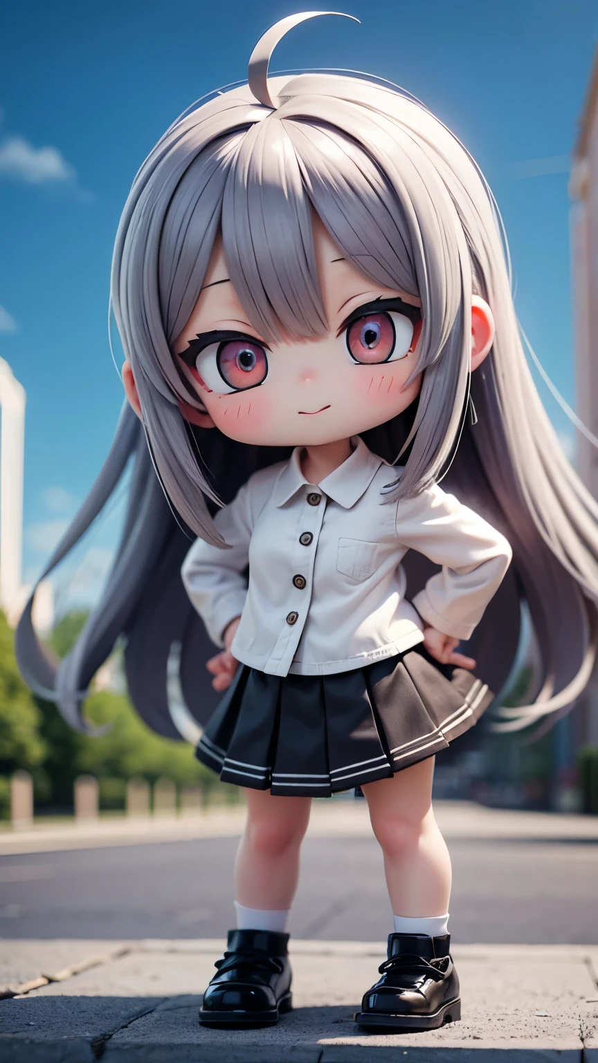 ((masterpiece, Highest quality)), (One girl), (Chibi Character:1.5、2 heads:1.3), (Focus on women), (Ahoge, Gray Hair, Very long hair), Golden Eyes, Clear smile, Open your mouth, ((White shirt), (Buttoned shirt), (Gap Button)), ((Black Skirt), (Short skirt)), Are standing, White Background, Put your arms behind your back, Dynamic Angle、Blue sky、City、