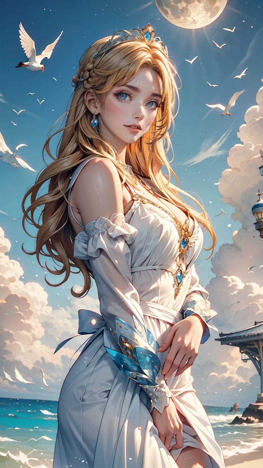 ,((Highest quality))),8k,((masterpiece)),(Very sophisticated and beautiful), A girl emerges from the sea, The Swan Princess of Russian Mythology, Beautiful calm face, blue eyes, Long blonde hair braided, Moon braid at the back of the head, With a kokoshnik crown on his head、White and shiny old Russian clothing, Loving eyes, Half-laugh, There was a gentle look on his face, Background seascape and sunlight, Seagulls in the sky, full length, realism