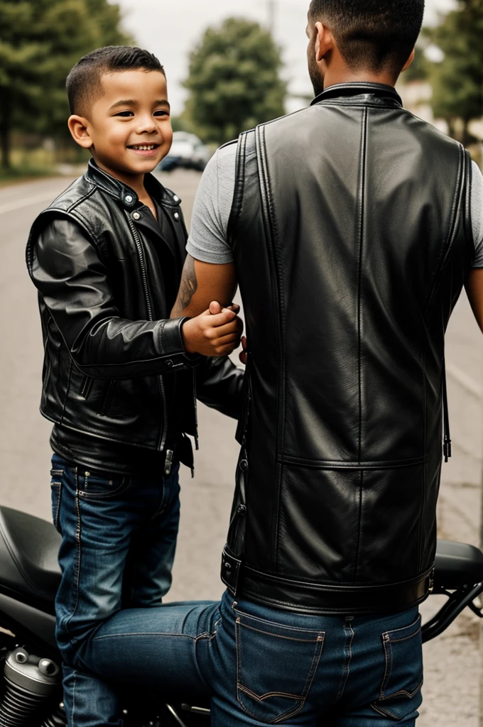 Man from behind showing his black leather biker vest on top of a motorcycle shaking hands with his  son who is also on his back with black leather vest