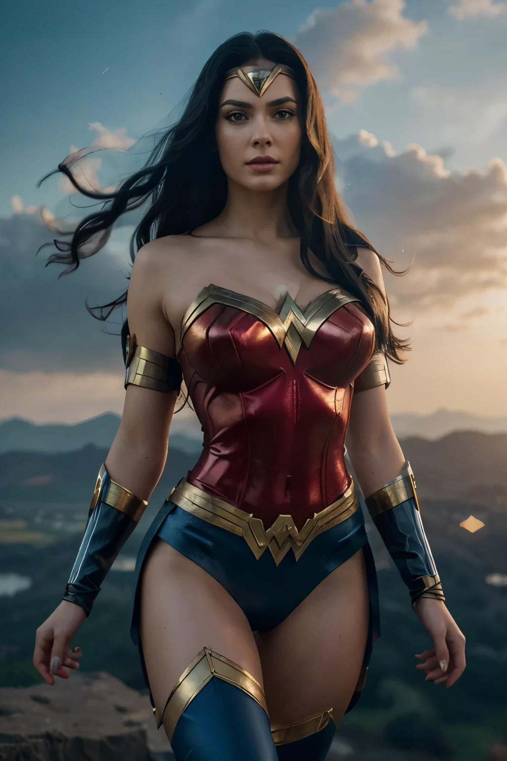 a beautiful woman with piercing blue eyes and long black hair, wearing a red and gold Wonder Woman costume, gracefully flying through the sky, (best quality,4k,8k,highres,masterpiece:1.2),ultra-detailed,(realistic,photorealistic,photo-realistic:1.37),detailed facial features, intricate costume details, dramatic lighting, vibrant colors, cinematic composition