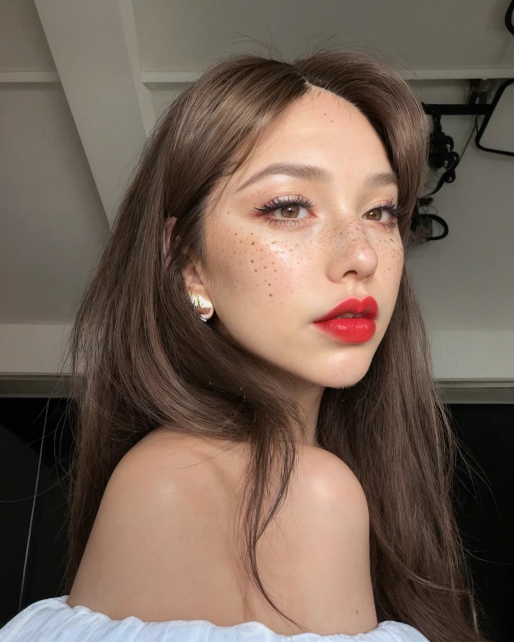 Western girl in wig with freckles graphic eyeliner red lips
