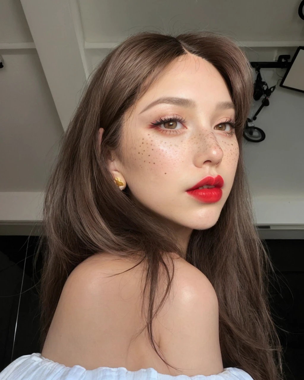 Western girl in wig with freckles graphic eyeliner red lips