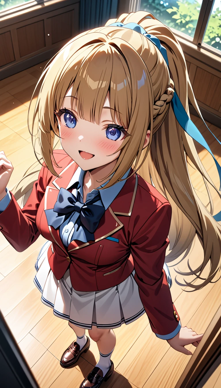masterpiece, best quality, highres, ponytail hair, (single braid:1.2), hair ribbon, red blazer,buttoned blazer, blue bowtie, long sleeves, white skirt, socks,leather shoes,singing in music room,smile,from above