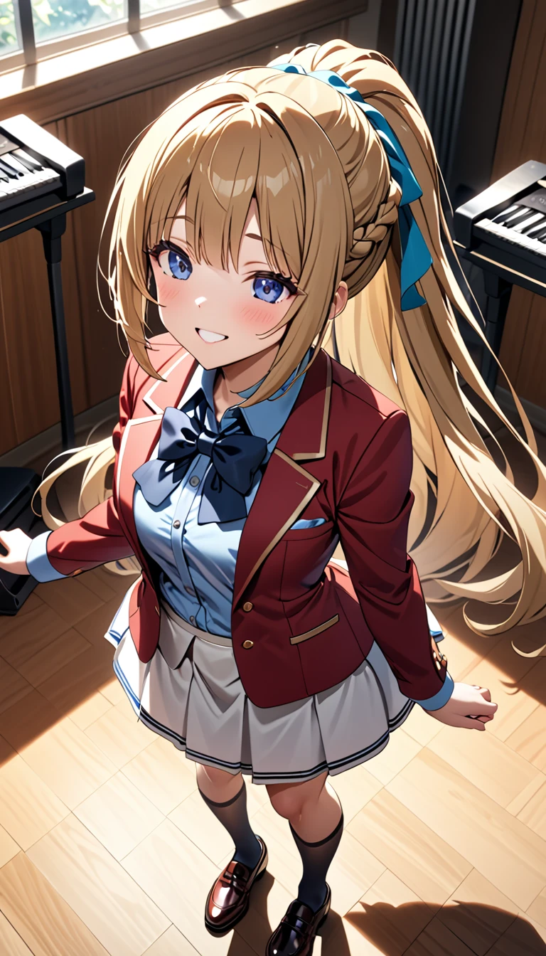 masterpiece, best quality, highres, ponytail hair, (single braid:1.2), hair ribbon, red blazer,buttoned blazer, blue bowtie, long sleeves, white skirt, socks,leather shoes,singing in music room,smile,from above