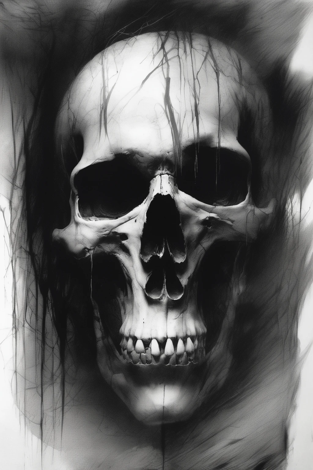Stephen Gammell Style - skull with haunting eyes stephen gammell black and white illustration