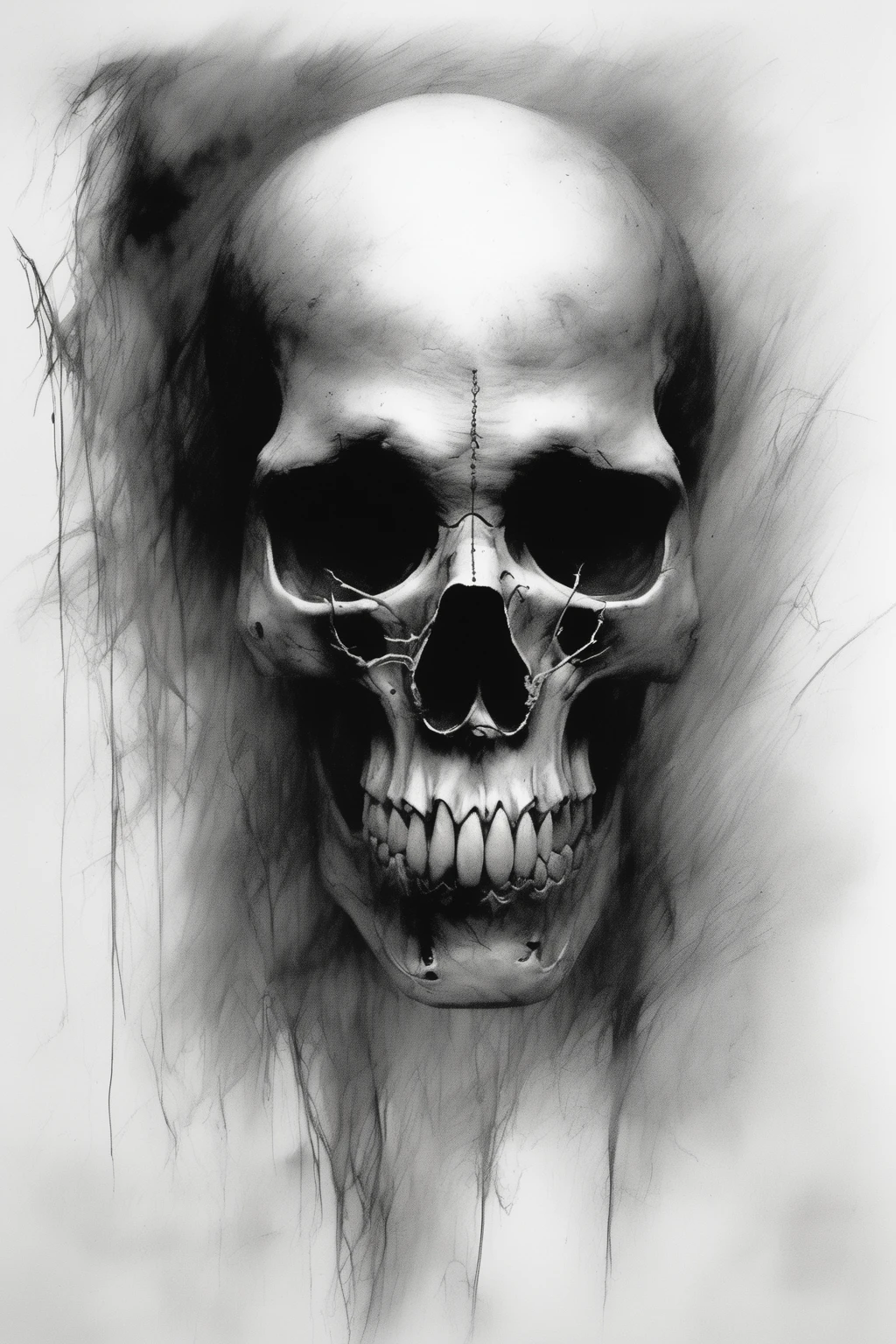 Stephen Gammell Style - skull with haunting eyes stephen gammell black and white illustration