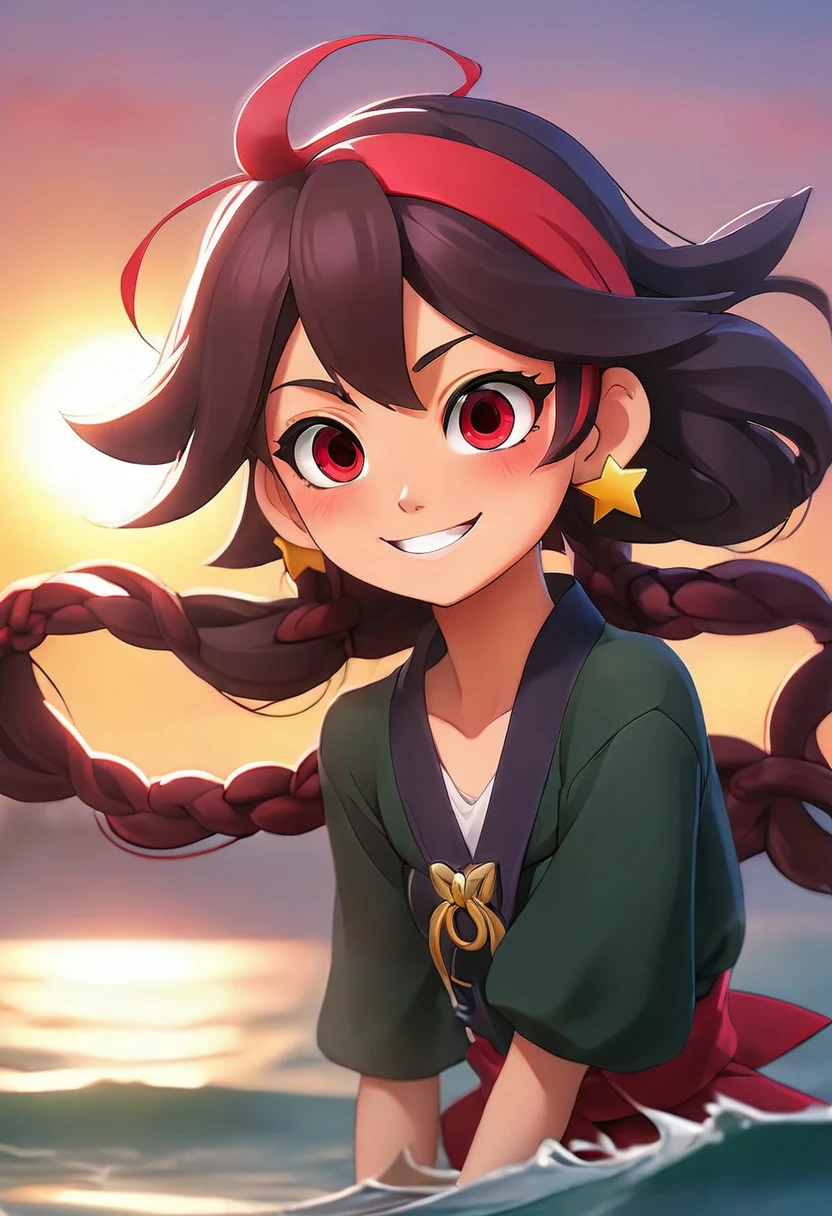 1 Girl, Wearing an eye patch,Smile, Ocean滩,(Sunset:1.1), Akagi_return(denchi project), Solitary, Star Hair Accessories, Double braid,spark, From the back, look back, huge Sunset,Red floats, , night, Wave, Ocean