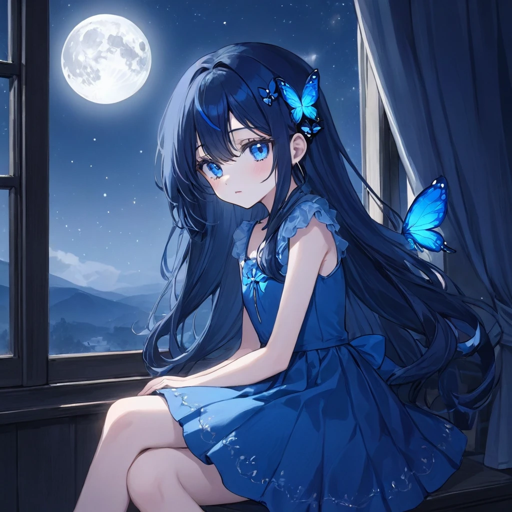 A beautiful  with white skin, dark blue eyes, long dark blue hair, wearing a blue dress,Wearing a short blue skirt, wearing a blue butterfly-shaped hair clip.Sitting in front of the window looking at the full moon with a blank stare without a smile His face was very gloomy 