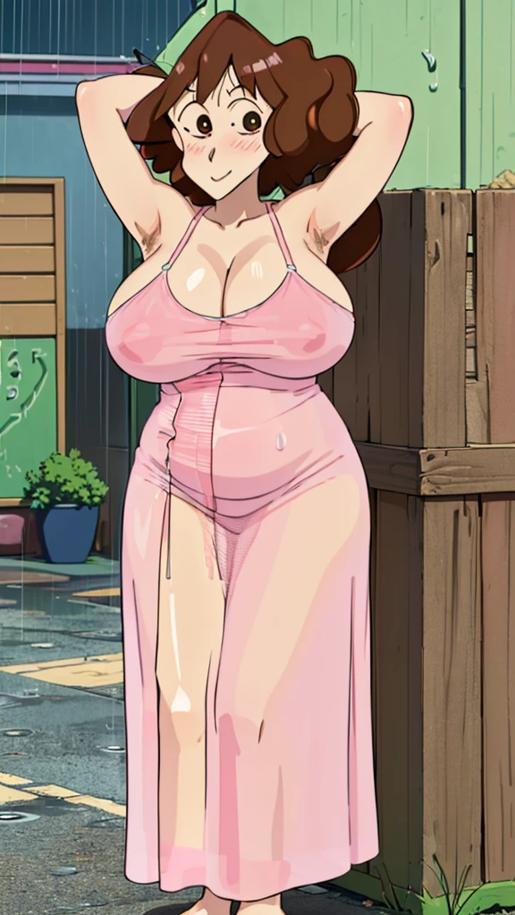 Misae Nohara, (Auntie:1.5), (Mature Woman:1.5), (absurderes, 8K, 4K, masutepiece, hyper extreme detailed:1.2), Best Quality, Perfect Anatomy,Perfect face,High humidity, (Huge breasts:1.7), (A sheer pink nightgown:1.4), (Wet:1.2), (.Alley:1.3), Graffitied wall, Garbage can, Scattered trash, (alone:1.5), (Brown eyes:1.2), (Clothing is revealing:1.2), Exposed shoulders, Torn clothes, Are pregnant, Firm breasts, Upturned nipples, Showing cleavage, Mole on chest, (Thick armpit hair:1.4), (blush:1.2), A kind smile, relief, peace of mind, (maternal:1.3), (Gentle look:1.5), Smiling face, (Outdoor:1.5), (Out:1.3), half closed eyes, naughty face, (rain:1.4), Plump