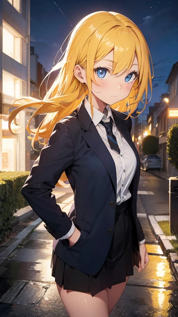 A half-body portrait of a teenage girl with bright yellow hair, blue eyes, wearing a plain black suit. Turn around and look back at the half-body image. look back. city view at night