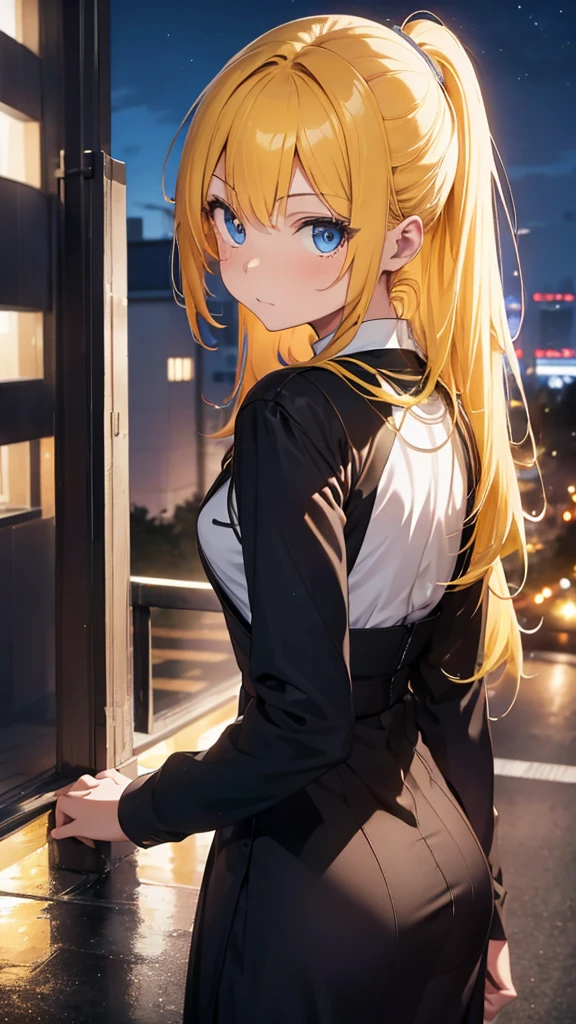 A half-body portrait of a teenage girl with bright yellow hair, blue eyes, wearing a plain black suit. Turn around and look back at the half-body image. look back. city view at night