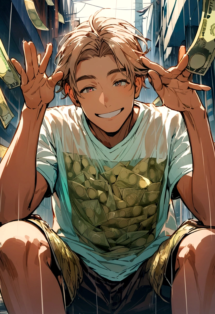 Portrait of a man smiling broadly sitting in the middle of the road with his hands raised enjoying the rain of money falling from the sky wearing a t-shirt and shorts