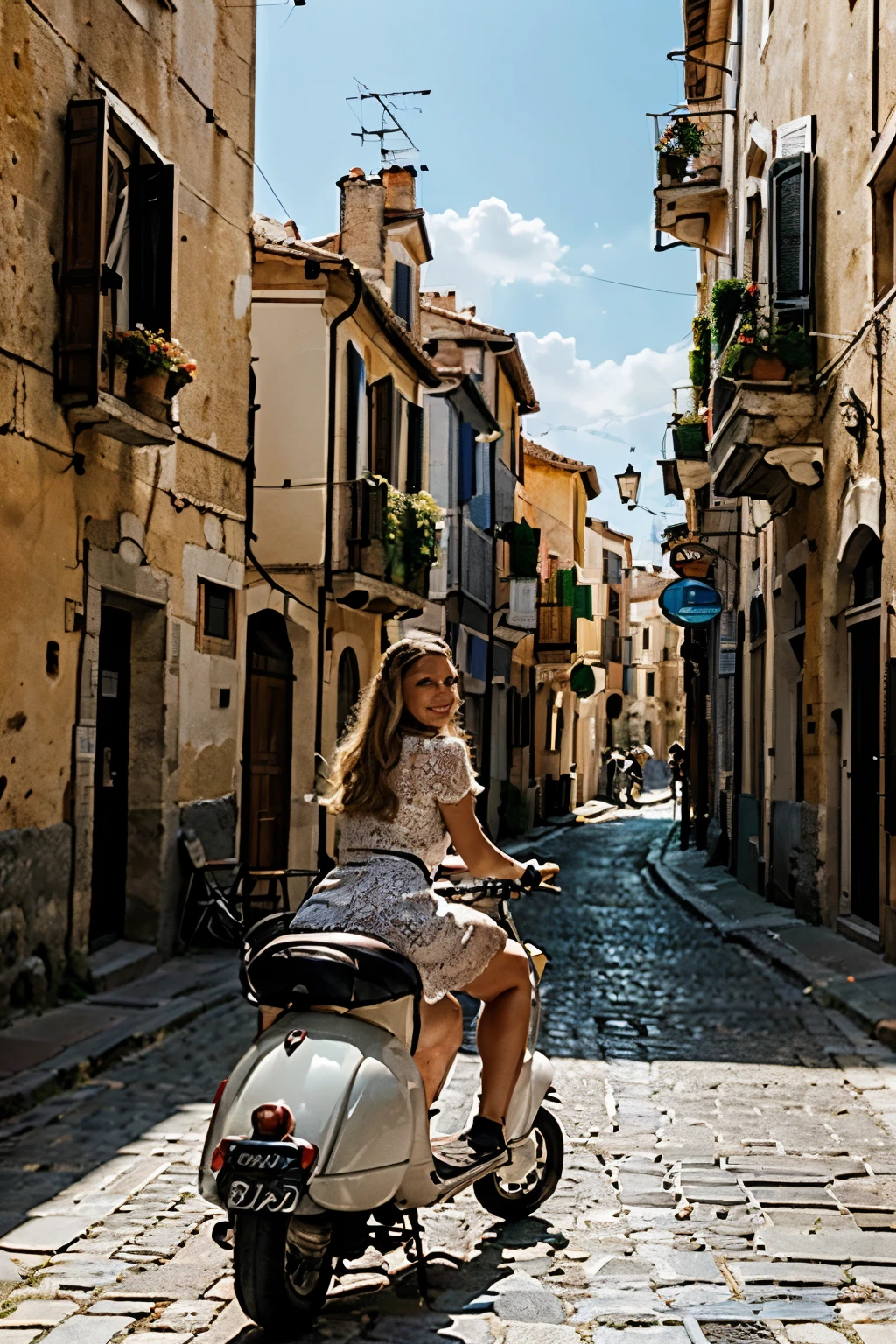 side view, 1 blond woman riding a white vespa on an italian cobblestone street, smiling, white dress, vintage, retro, 1960´s , fellini theme, detailed photorealistic landscape, detailed facial features, realistic portrait, high quality digital painting, cinematic lighting, warm color tones, intricate details, photorealistic,(best quality,8k,highres,masterpiece:1.2),ultra-detailed,(realistic,photorealistic,photo-realistic:1.37),stunning scenery,vibrant colors,dramatic lighting,cinematic composition,beautiful architecture,old-world charm,quaint italian town,warm mediterranean atmosphere