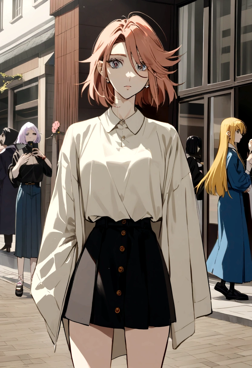 Chica peleando contra ((douma)) de pelo blanco ojos azules linda ((shirayuki)) con la misma ropa que kanao((demons slayer)) ((kinetsu noyaiba)) 