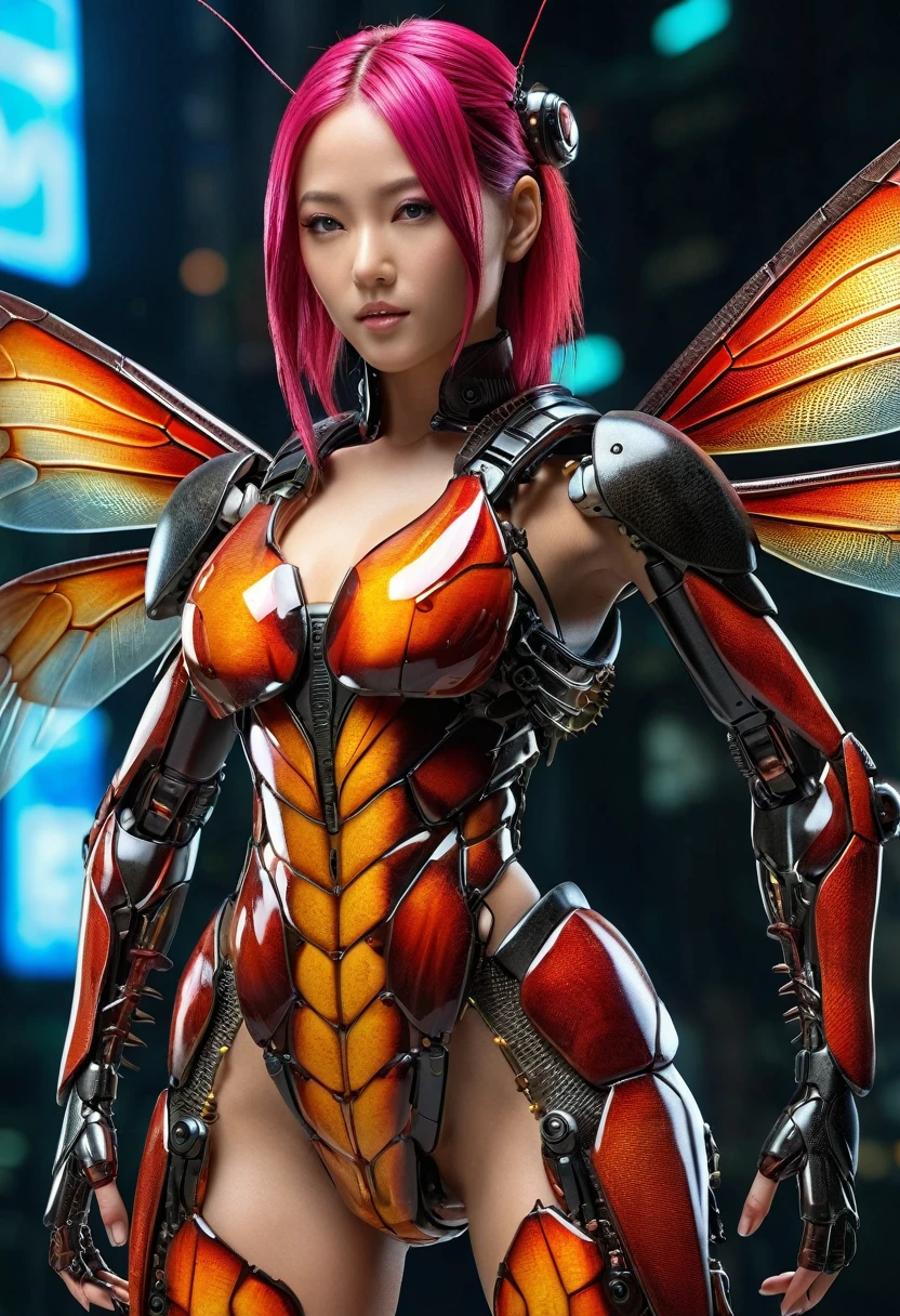 (Top quality:1.2, masterpiece), Ultra-high resolution,(Photorealistic:1.4), (Cockroach-like biological insect suit:1.3), Heavy weapons,Big Wings, Vivid texture,Insect legs, Colorful hair, Glowing skin, Japanese girl beautiful face, ((Surreal complex details)), full-body shot, Global Illumination, Octan Rendering, Super sharp, Character edge light, Intricate decorative details, Acrylic transparent cover, Hydraulic Cylinders