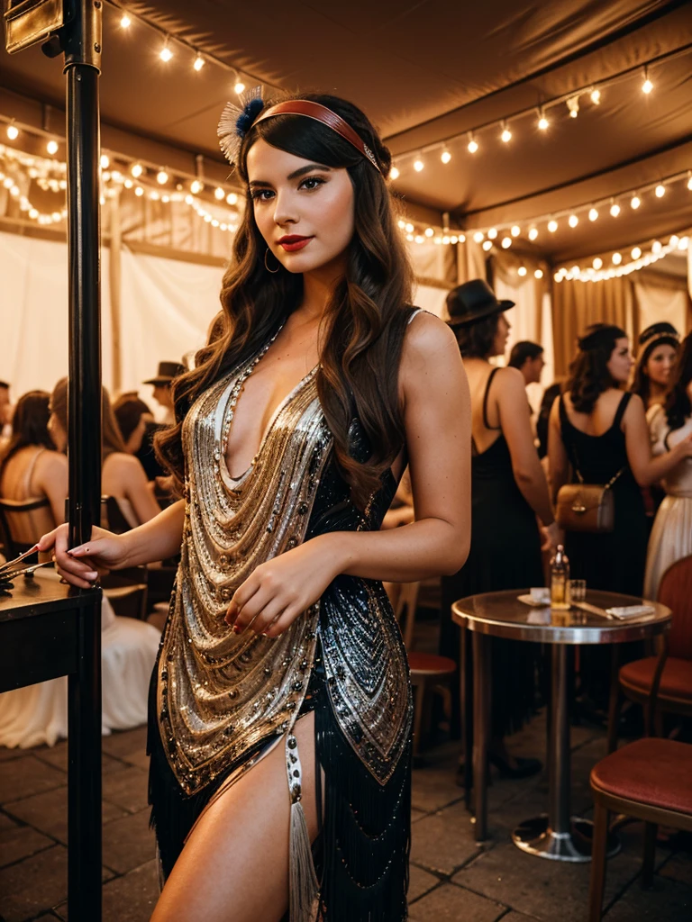 A 25-year-old woman, wear a 1920 tassel sequione flapper dress, adorned with sequins and fringe, event on Governors Island, where attendees dress in period attire and enjoy live jazz music, dancing, vintage cars, and prohibition-era cocktails. It’s a nostalgic celebration of the Jazz Age, attracting fans of history and vintage culture, the event is outside, Her hair Marcel Waves: Long hair styled into deep, glossy waves using a heated curling iron, complete with a feathered headband. She holds a vintage clutch in one hand, her bold red lips reflecting the ambient glow of the art deco surroundings, i want to see a danefloor