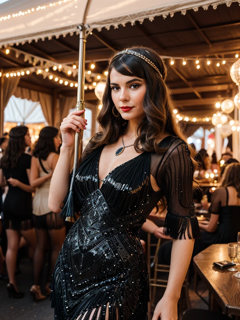 A 25-year-old woman, wear a 1920 tassel sequione flapper dress, adorned with sequins and fringe, event on Governors Island, where attendees dress in period attire and enjoy live jazz music, dancing, vintage cars, and prohibition-era cocktails. It’s a nostalgic celebration of the Jazz Age, attracting fans of history and vintage culture, the event is outside, Her hair Marcel Waves: Long hair styled into deep, glossy waves using a heated curling iron, complete with a feathered headband. She holds a vintage clutch in one hand, her bold red lips reflecting the ambient glow of the art deco surroundings, i want to see a danefloor