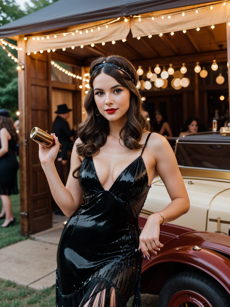 A 25-year-old woman, wear a 1920 tassel sequione flapper dress, adorned with sequins and fringe, event on Governors Island, where attendees dress in period attire and enjoy live jazz music, dancing, vintage cars, and prohibition-era cocktails. It’s a nostalgic celebration of the Jazz Age, attracting fans of history and vintage culture, the event is outside, Her hair Marcel Waves: Long hair styled into deep, glossy waves using a heated curling iron, complete with a feathered headband. She holds a vintage clutch in one hand, her bold red lips reflecting the ambient glow of the art deco surroundings, i want to see a danefloor