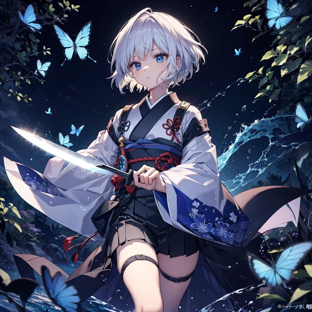 (((1 person))) ((High resolution Gray Hair short hair Black kimono Shoulder)) ((Black Band military commander Lonely despair blue eyes)) ((Blue Butterfly night Japanese style old Shining Aura garden water surface)) (dance 日本knife knife Slashing) moon star Draw your sword Slashing Catch the wind