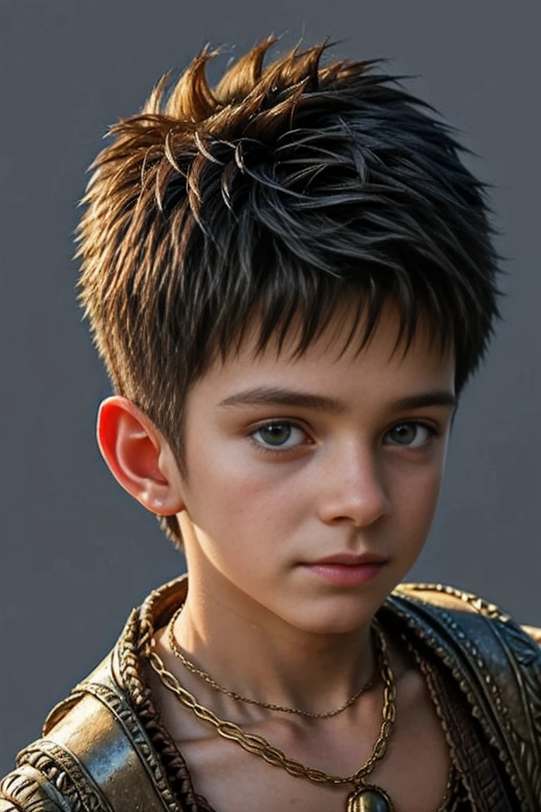 AS TOM HOLLAND, (((LITTLE KID))), (fantasy art), 1 boy, about ,((( like Atreyu of Neverending story))), beautiful, perfect face, sweet face, with a fantastic big white dragon, dark eyes, fantastic clothes with bare arms and legs , medium mane dark hair, fantastic hairstyle, necklaces and bracelets,, fantasy, (masterpiece, photorealistic, absurd), dappled sunlight, studio lighting, ((on neutral dark gray background)),
