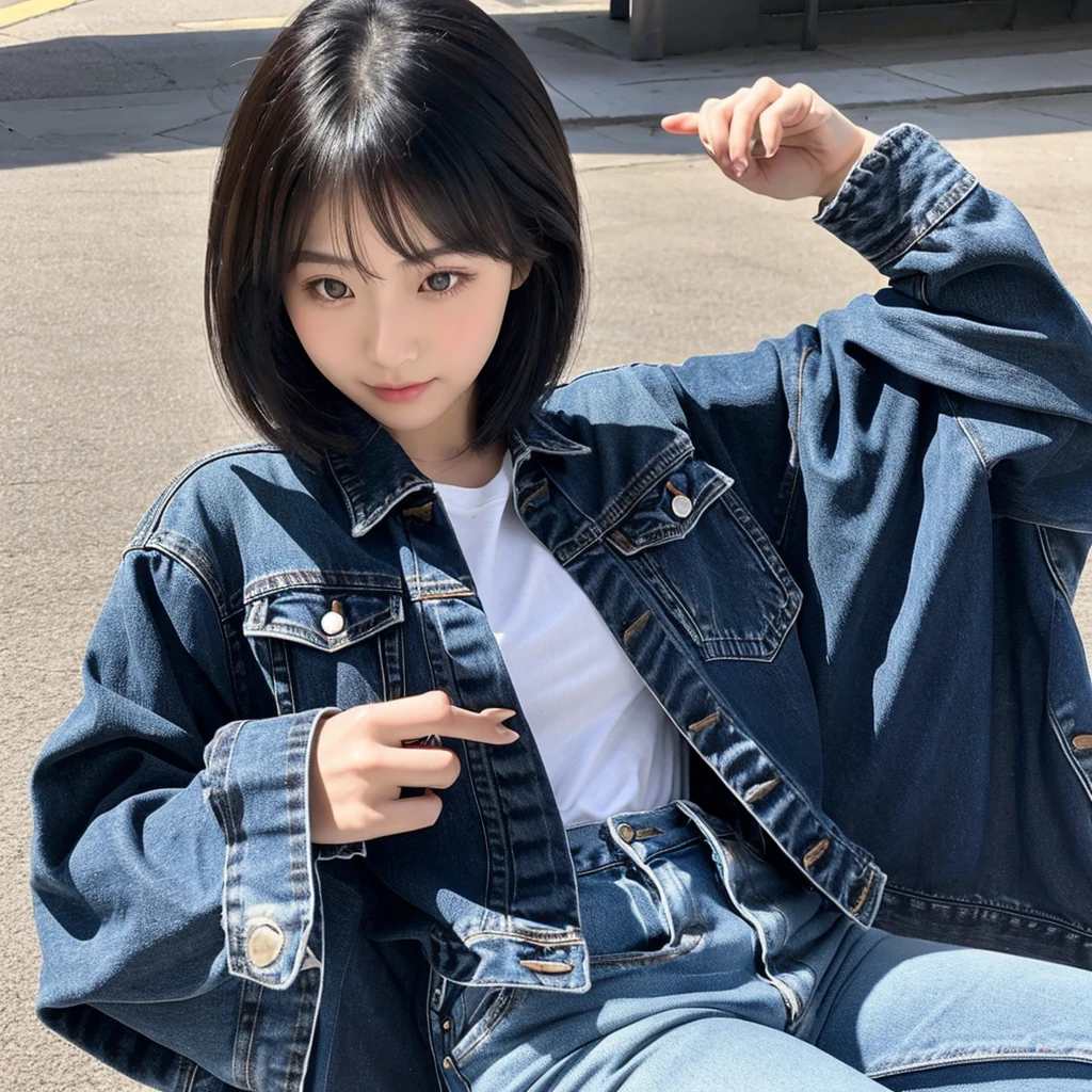 Beautiful chinese girl, wearing black denim cross back, leaning