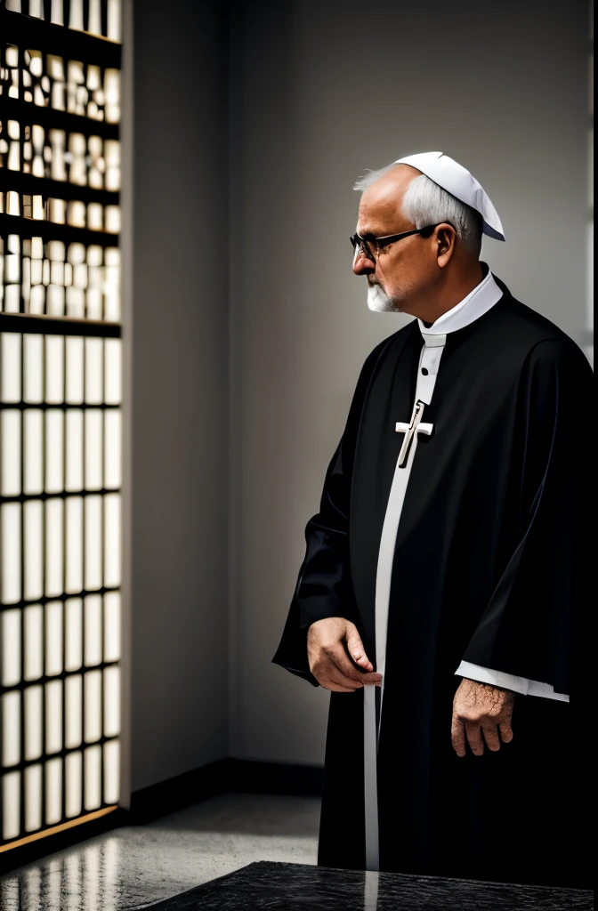 Catholic priest attending confession, imagem em preto e branco, high saturation, appearance of uncertainty. 