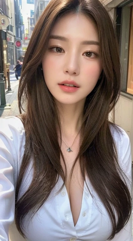 ((Best quality, 8k, Masterpiece :1.3)), Sharp focus :1.2, A pretty woman with perfect figure :1.4, Slender abs :1.2, ((Dark brown hair, Big breasts :1.2)), (White button up long shirt :1.1), City street:1.2, Highly detailed face and skin texture, Detailed eyes, Double eyelid