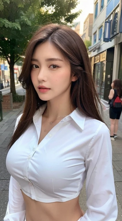 ((Best quality, 8k, Masterpiece :1.3)), Sharp focus :1.2, A pretty woman with perfect figure :1.4, Slender abs :1.2, ((Dark brown hair, Big breasts :1.2)), (White button up long shirt :1.1), City street:1.2, Highly detailed face and skin texture, Detailed eyes, Double eyelid