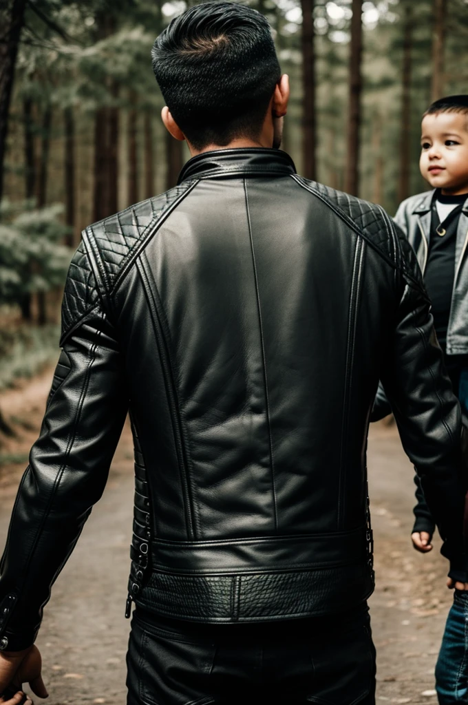 Man from behind showing his black leather biker vest on top of a bobber motorcycle shaking hands with his little son who is also on his back with black leather vest