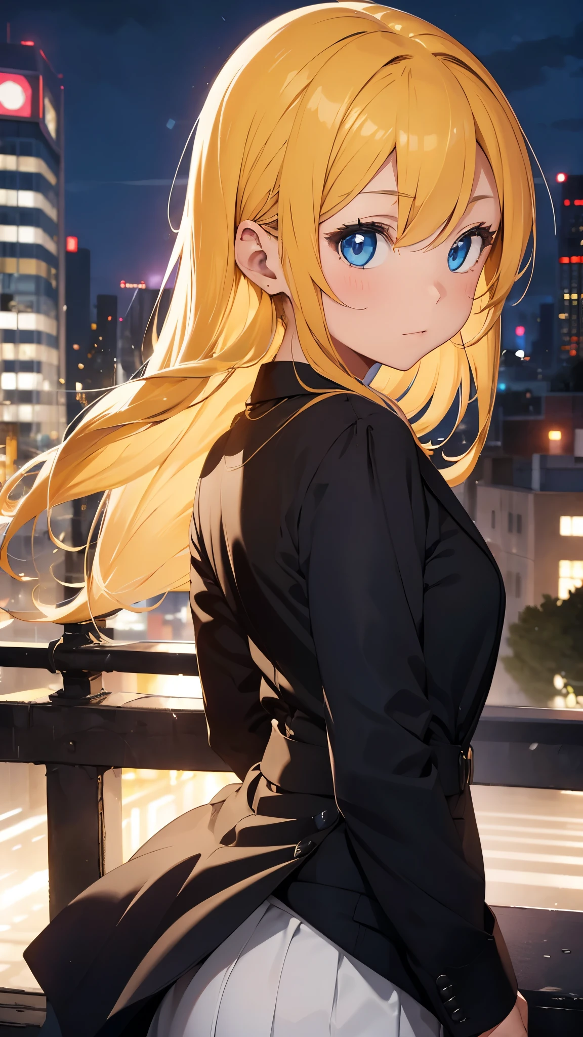 A half-body portrait of a teenage girl with bright yellow hair, blue eyes, wearing a plain black suit. Turn around and look back at the half-body image. look back. city view at night