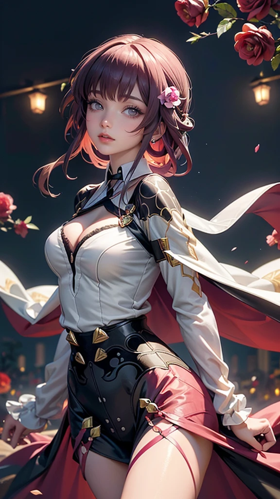 roses, ornament hair, medium hair, sky, rainbow colors in the aurora boreal, night, chinese style, hair ornament, hair flower, golden roses, long hair, solo, roses on focus, seat, lanterns, lanterns rite, shrine, temple, sanctuary, 1girl, dress, solo, flowing hair, floating hair, ornament hair, perfectly body, perfectly hands, on garden, petals, centered girl, black dress, more details on her clothes, dress with transparency, golden details, daylight, smiling, cape, ((4k, masterpiece, top-quality)),8k, best quality, high resolution, HD, (illustration:0.8), super cute girl, delicate and beautiful face, mature girl, super cute hairstyle, (beautiful detailed eyes:1.6), extremely detailed face, perfect lighting, extremely detailed CG, (perfect hands, perfect anatomy), Best quality, cleavage, small skirt, full Body, two arms, two hands, two legs, five fingers