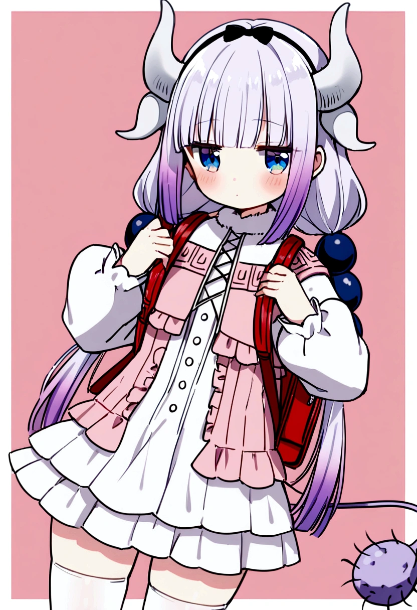 1girl, kanna kamui, backpack, bag, beads, blue eyes, blush, border, closed mouth, cowboy shot, dragon girl, dragon horns, dragon tail, dress, fur trim, hair beads, hair ornament, holding strap, horns, koharu hako, long hair, long sleeves, low twintails, outside border, pink background, pink dress, puffy long sleeves, puffy sleeves, purple hair, randoseru, red bag, short dress, solo, tail, thighhighs, twintails, white border, white thighhighs, High-angle shot