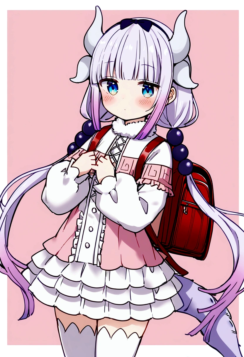 1girl, kanna kamui, backpack, bag, beads, blue eyes, blush, border, closed mouth, cowboy shot, dragon girl, dragon horns, dragon tail, dress, fur trim, hair beads, hair ornament, holding strap, horns, koharu hako, long hair, long sleeves, low twintails, outside border, pink background, pink dress, puffy long sleeves, puffy sleeves, purple hair, randoseru, red bag, short dress, solo, tail, thighhighs, twintails, white border, white thighhighs, High-angle shot