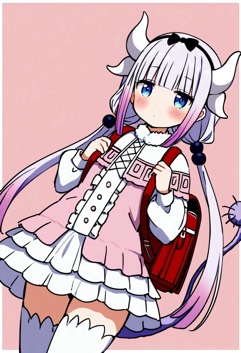 1girl, kanna kamui, backpack, bag, beads, blue eyes, blush, border, closed mouth, cowboy shot, dragon girl, dragon horns, dragon tail, dress, fur trim, hair beads, hair ornament, holding strap, horns, koharu hako, long hair, long sleeves, low twintails, outside border, pink background, pink dress, puffy long sleeves, puffy sleeves, purple hair, randoseru, red bag, short dress, solo, tail, thighhighs, twintails, white border, white thighhighs, High-angle shot
