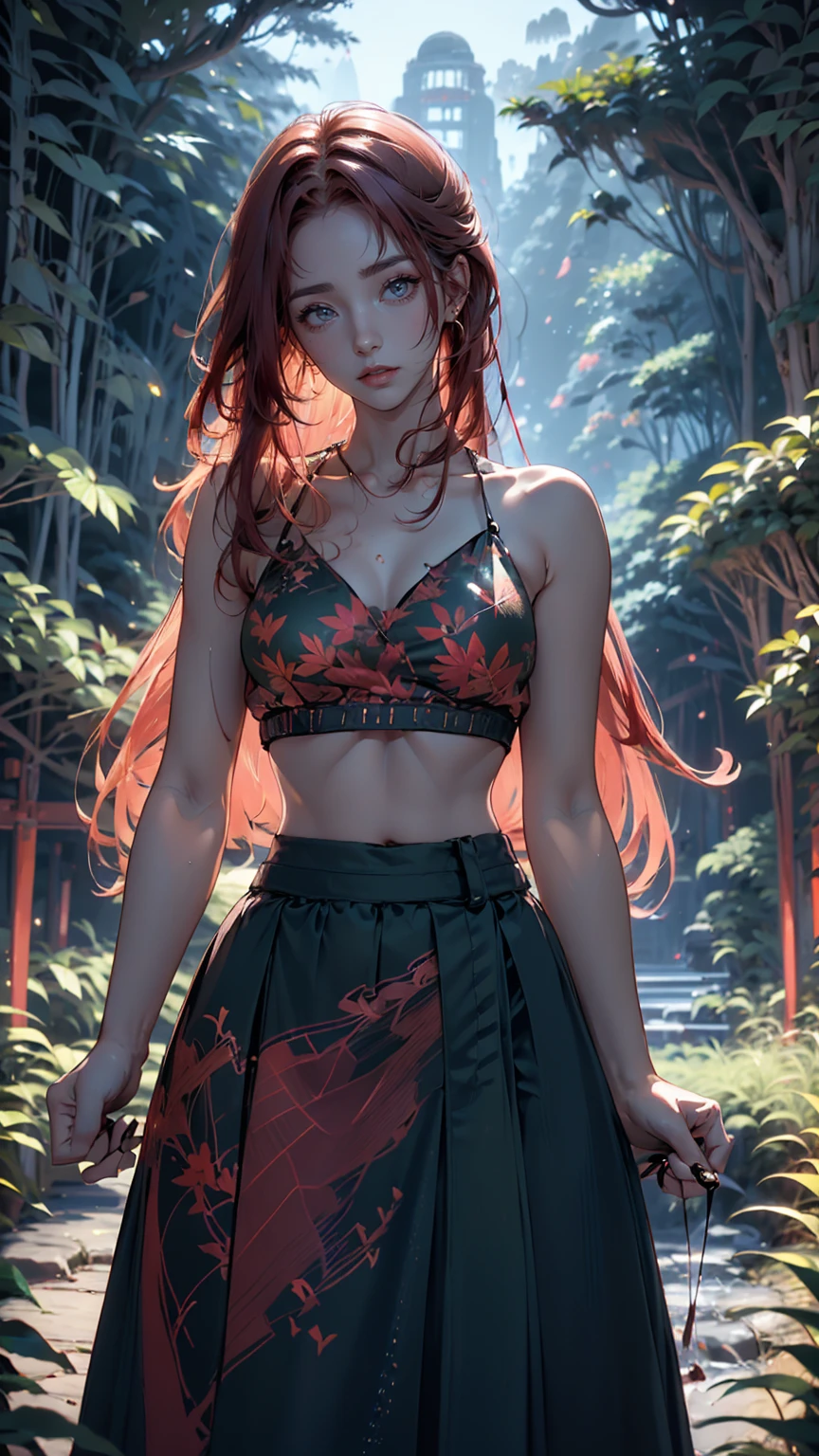 a woman with red hair standing in front of a tree, exposed midriff, wearing a cropped top, wearing a sexy cropped top, covered in plants, midriff, beautiful midriff, buxom, big leaf bra, bare midriff, clothed in vines, tiktok 4 k uhd image, organic color, wearing a cropped tops
