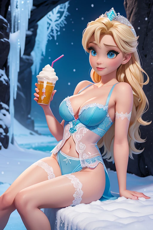 Tem uma mulher de lingerie azul claro,  Lingerie com renda, Elsa Frozen Appearance, cativante e atraente, cabelo loiro, roupas rasgadas, lingerie rendada, desconte muito grande, tomando milk shake, Sentado, Legs Domination, a little snow in the scenery, only blonde version