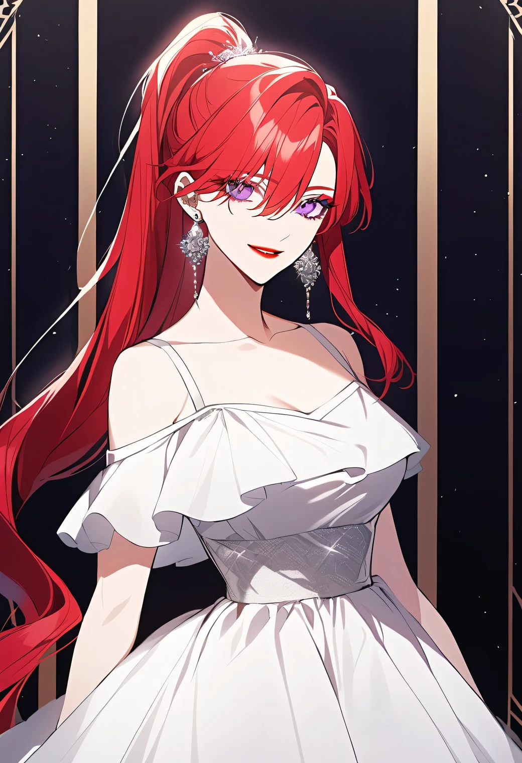 shoujo-style, (cowboy shot, ponytail), 1girl, solo, long hair, red hair, earrings, jewelry, looking at viewer, purple eyes, hair between eyes, smile, makeup, lipstick, collarbone, dress, breasts, bare shoulders, off shoulder, white dress, eyelashes, 