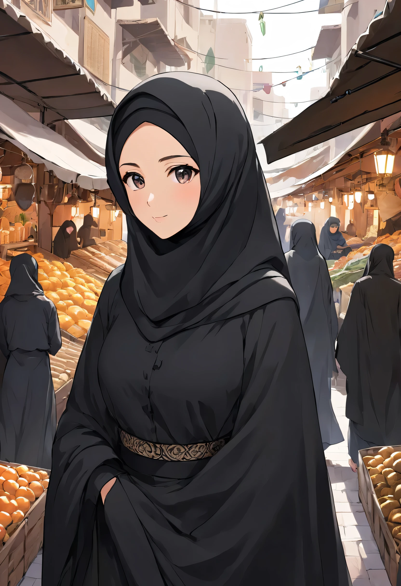 Craft a visually striking anime-style artwork featuring a detailed close-up of a 24-year-old woman wearing a black Abaya and Khimar Hijab. Surrounding her, a bustling souk comes alive with the hustle and bustle of shoppers and traders, symbolizing the vibrancy and energy of Islamic markets, while the woman's modest attire exudes an air of elegance and sophistication.