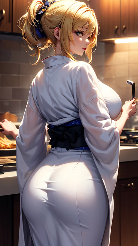 masterpiece, high quality, 4K, Beautiful design, silhouette,blonde, Very detailed,kitchen, wonderful, Finer details, Very knowledgeable woman, Very detailedなソロ, 1 female,Big Breasts,Butt,Underwear Line,Yukata in white color,cooking,