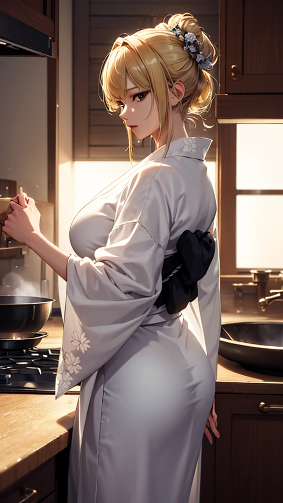 masterpiece, high quality, 4K, Beautiful design, silhouette,blonde, Very detailed,kitchen, wonderful, Finer details, Very knowledgeable woman, Very detailedなソロ, 1 female,Big Breasts,Butt,Underwear Line,Yukata in white color,cooking,